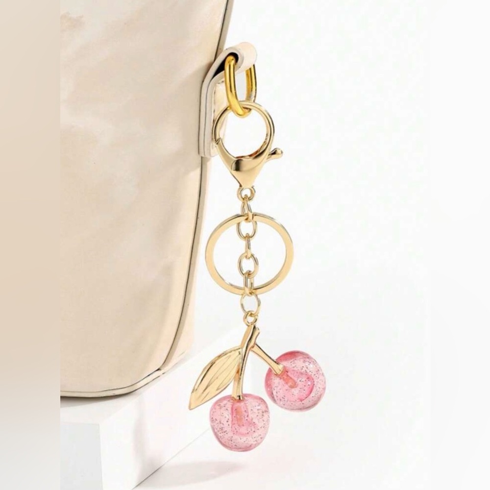 Gold and Baby Pink Cherry Keychain - Picture 2 of 4